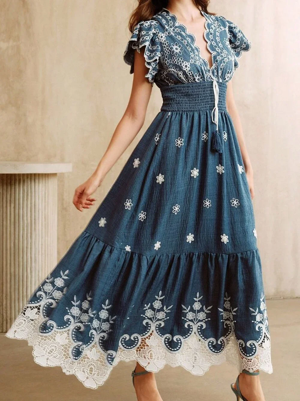 Blue Boho Women's Embroidered Lace Patchwork V-Neck Maxi Dress Short Sleeves - Picture 7 of 7